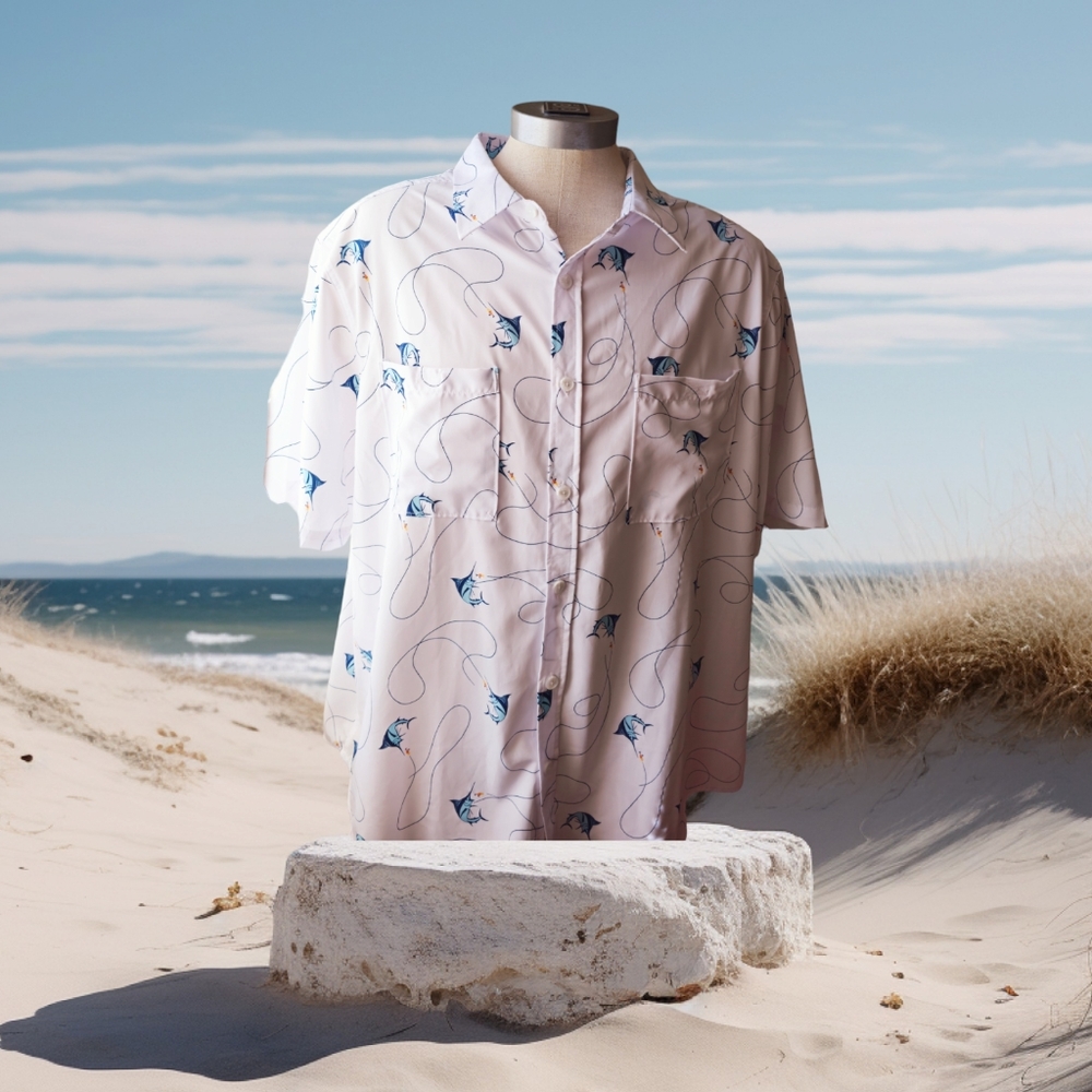 Haggar shirt mens XXL white blue Adventure Awaits button-up short sleeve